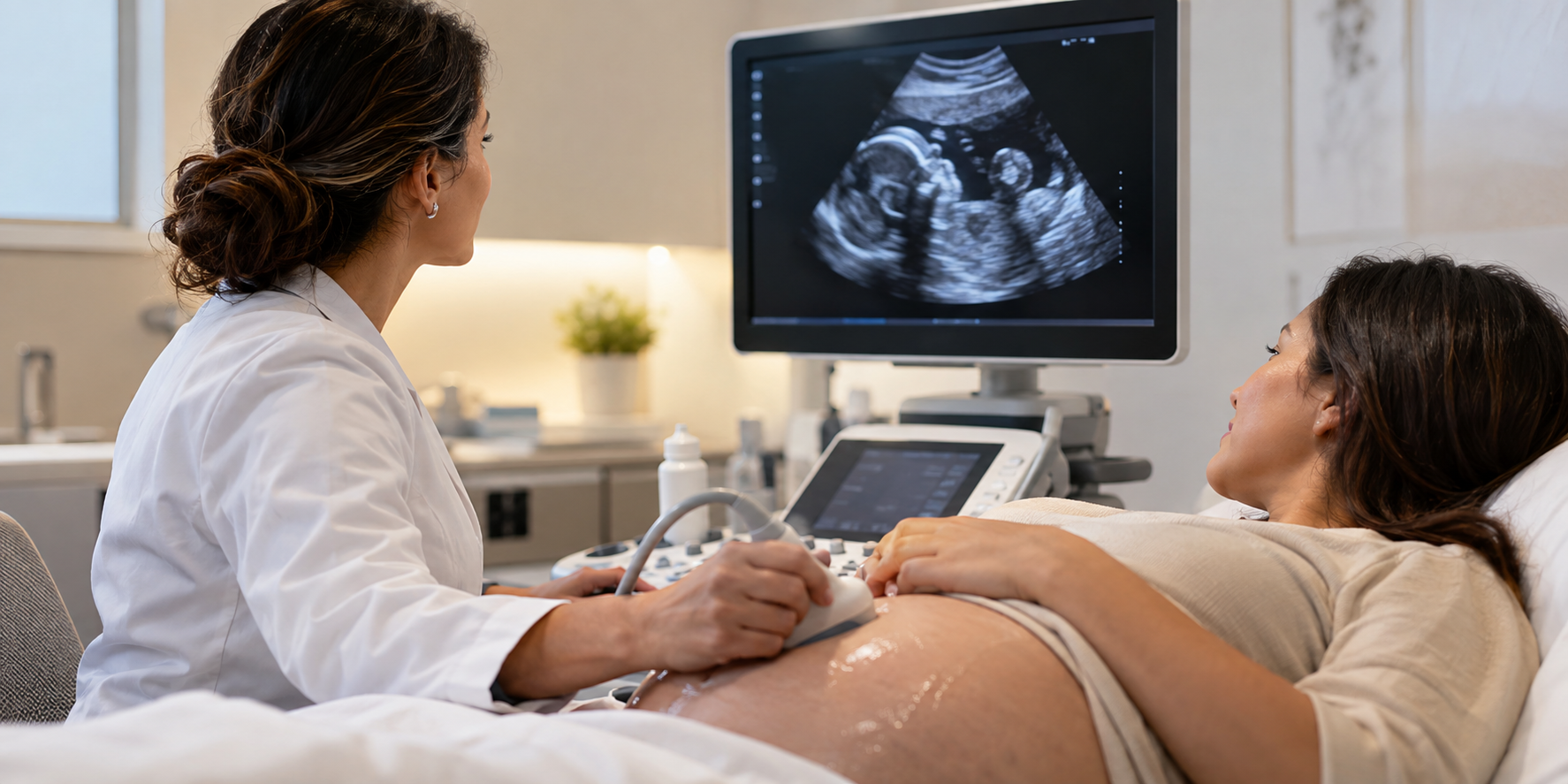 Obstetra realiza un ultrasonido prenatal mientras la paciente observa la imagen fetal en el monitor