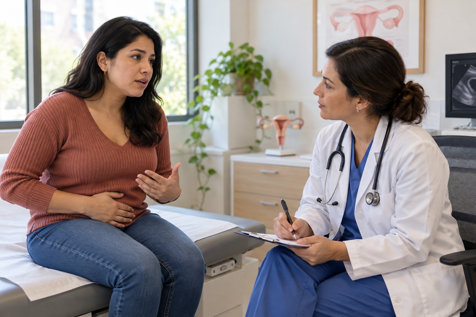 Ginecóloga escucha a una paciente que consulta por dolor menstrual y pélvico