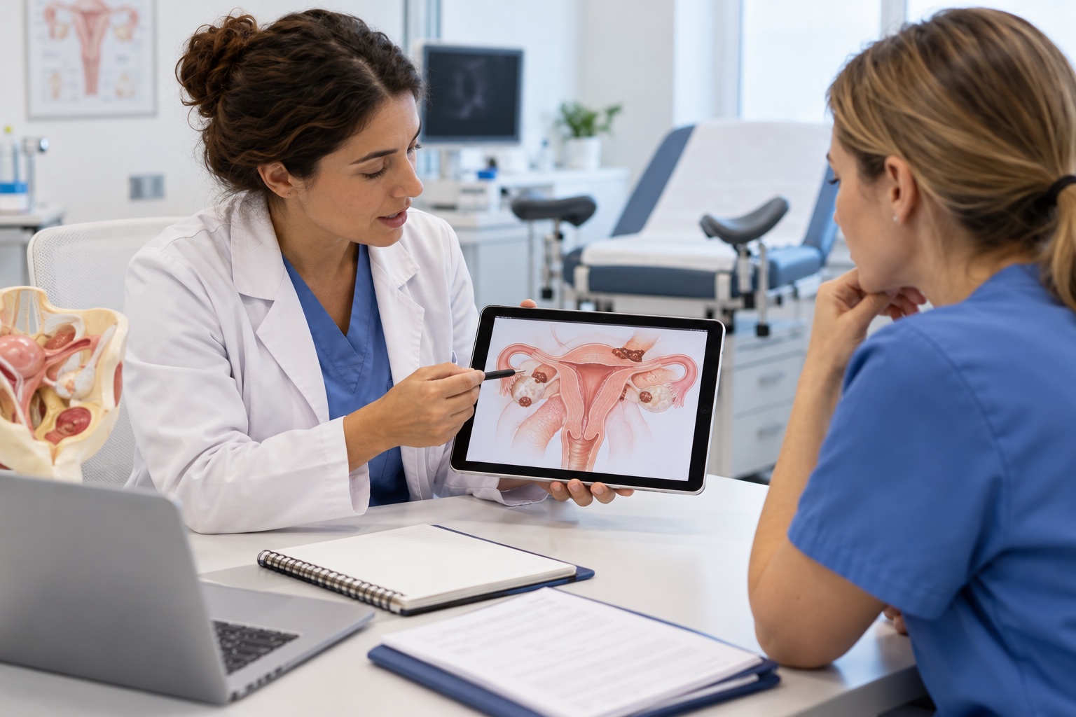 Especialistas conversan sobre un plan de atención para endometriosis usando una imagen anatómica