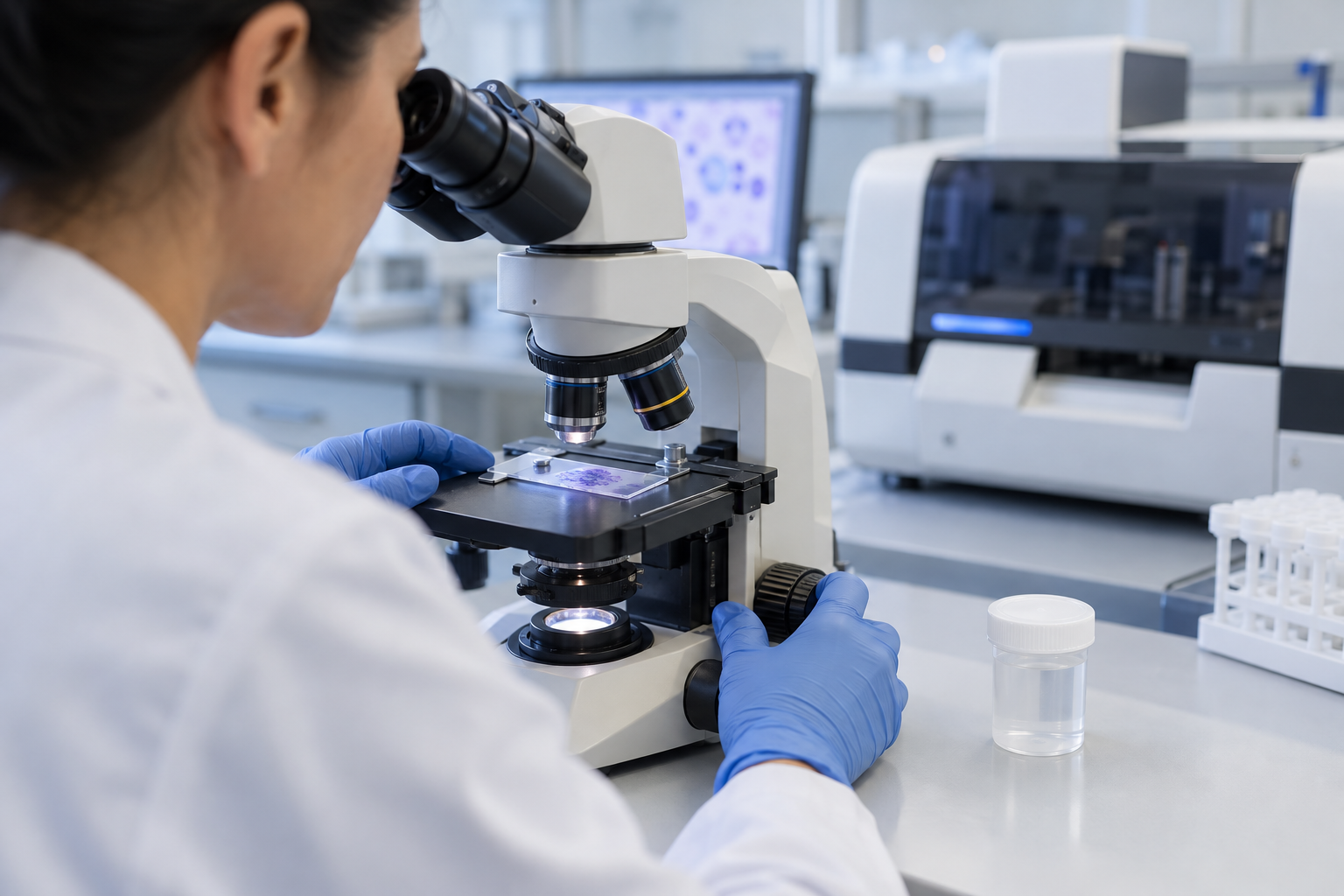 Personal de laboratorio observa al microscopio una muestra citológica cervical junto a un recipiente de laboratorio