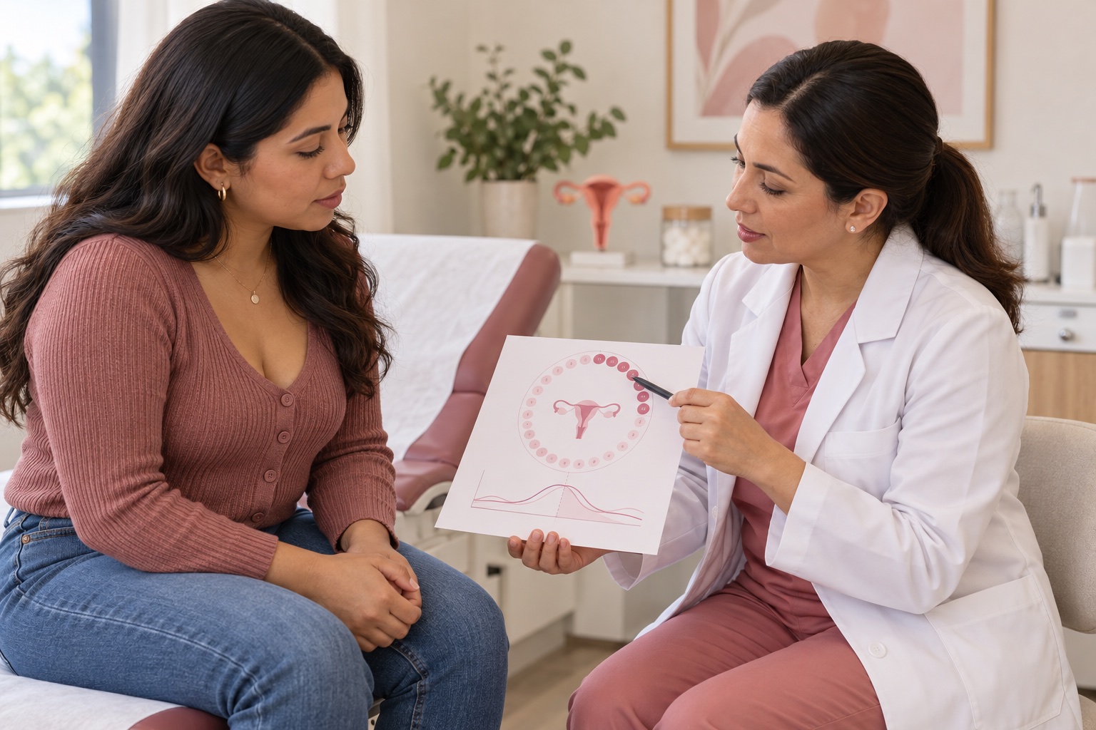 Paciente conversa con su ginecóloga sobre cambios menstruales y salud hormonal