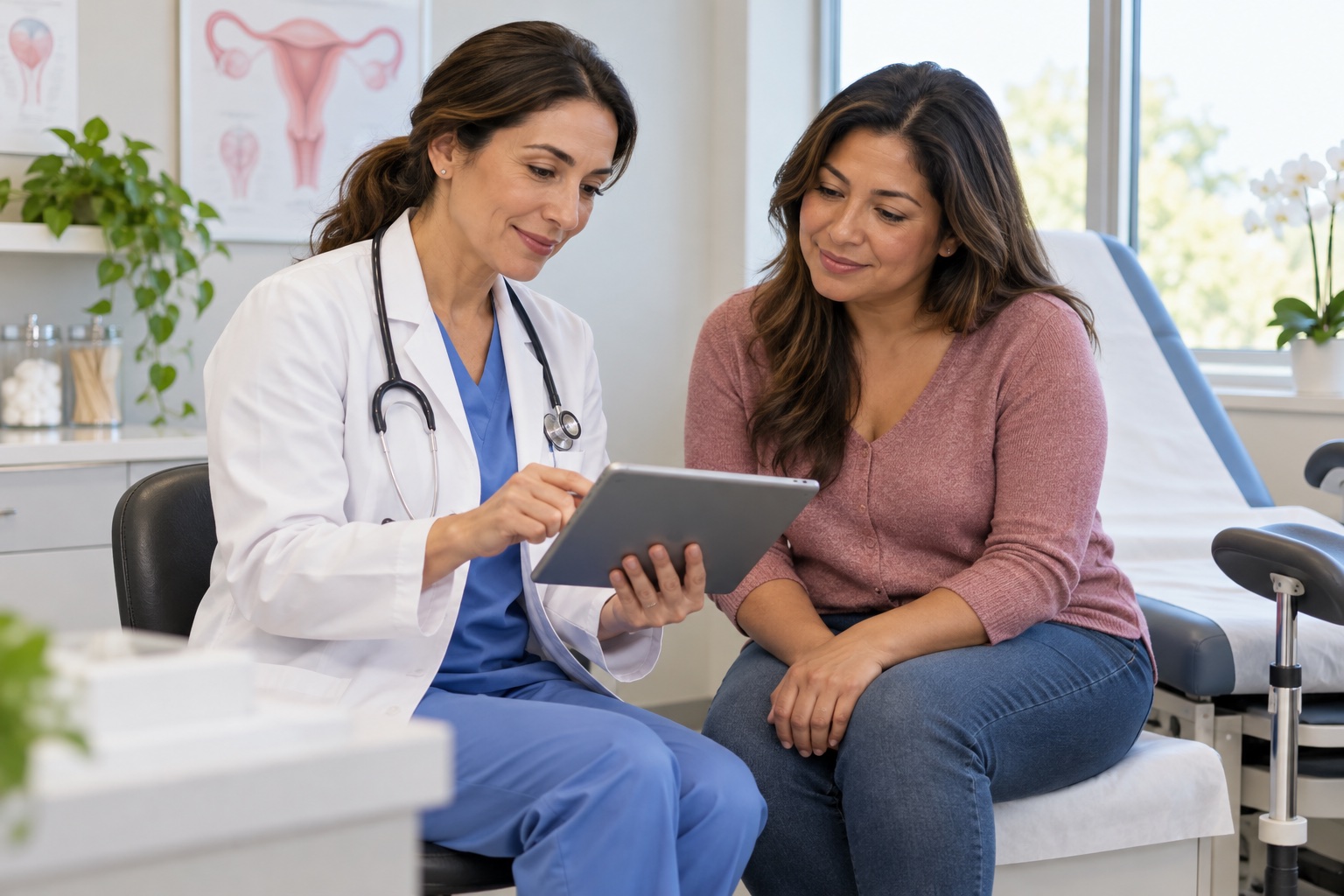 Ginecóloga revisa resultados clínicos con una paciente durante la evaluación de síntomas hormonales